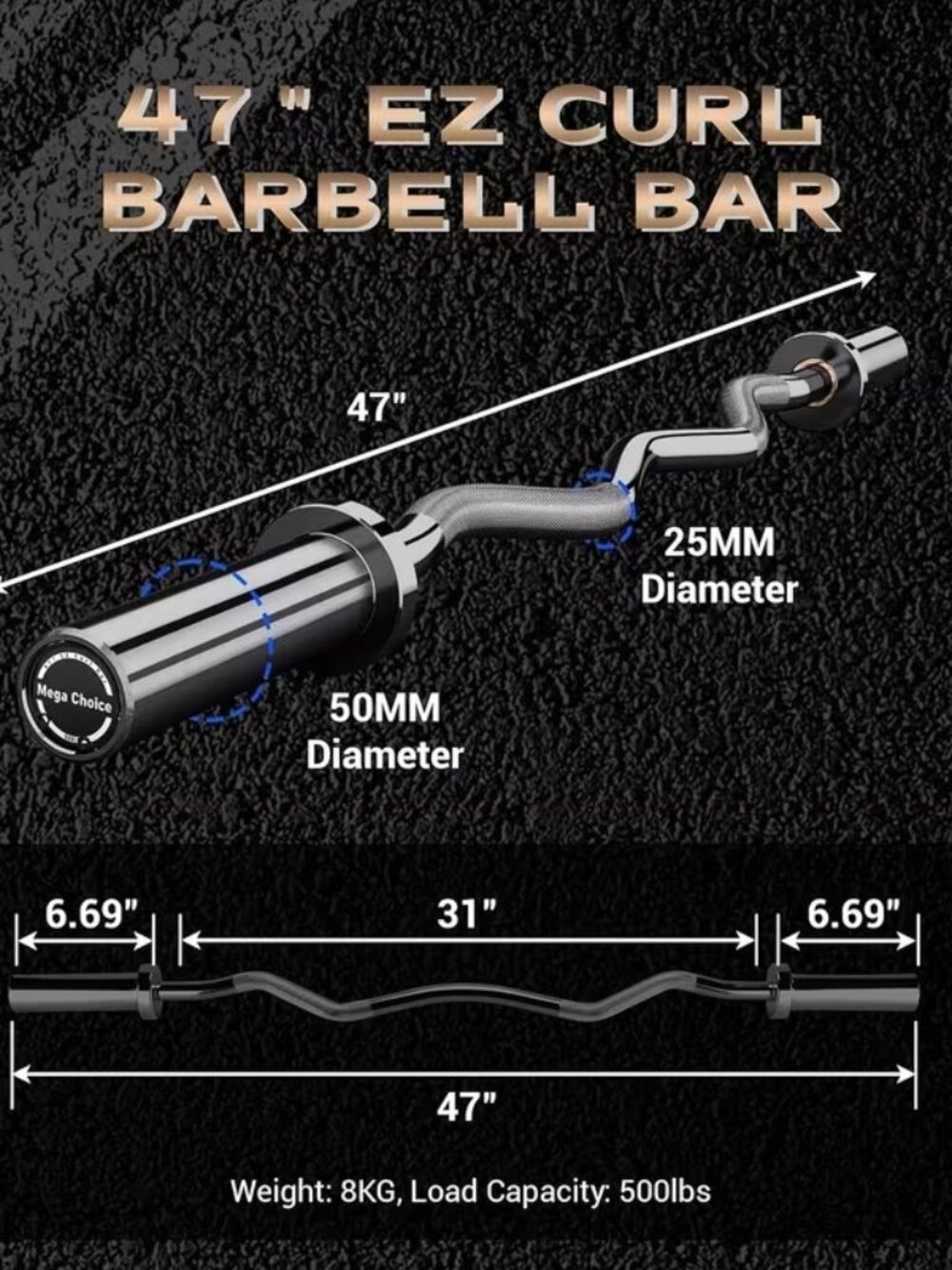 Chrome EZ Curl Barbell Bar, 47" EZ Curl Bar w/ 2 Spring Collars- 500lb capacity - Picture 2 of 5